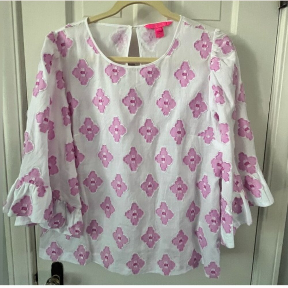 Lilly Pulitzer Flutter Sleeve White and Pink Blouse L